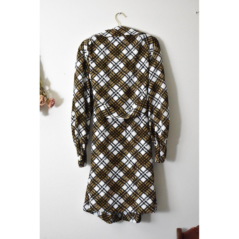 Vintage 70s Mustard Yellow Plaid Wrap Dress V-Neck Long Sleeve Retro Geometric M - Picture 7 of 8